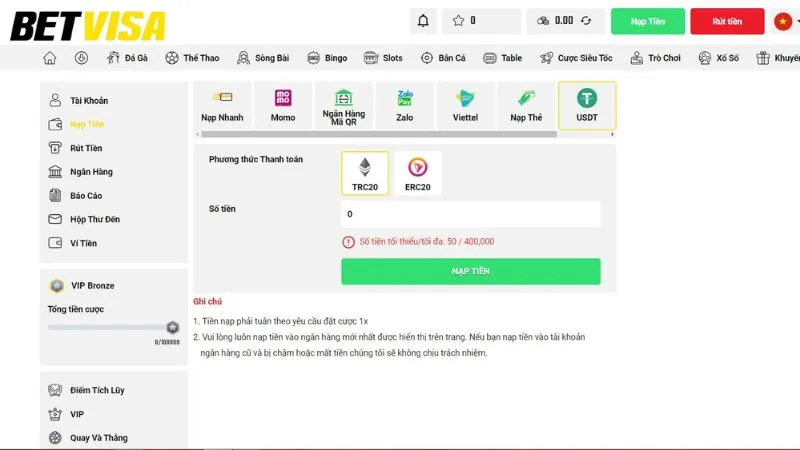 Tuân thủ các điều khoản Betvisa về nạp rút